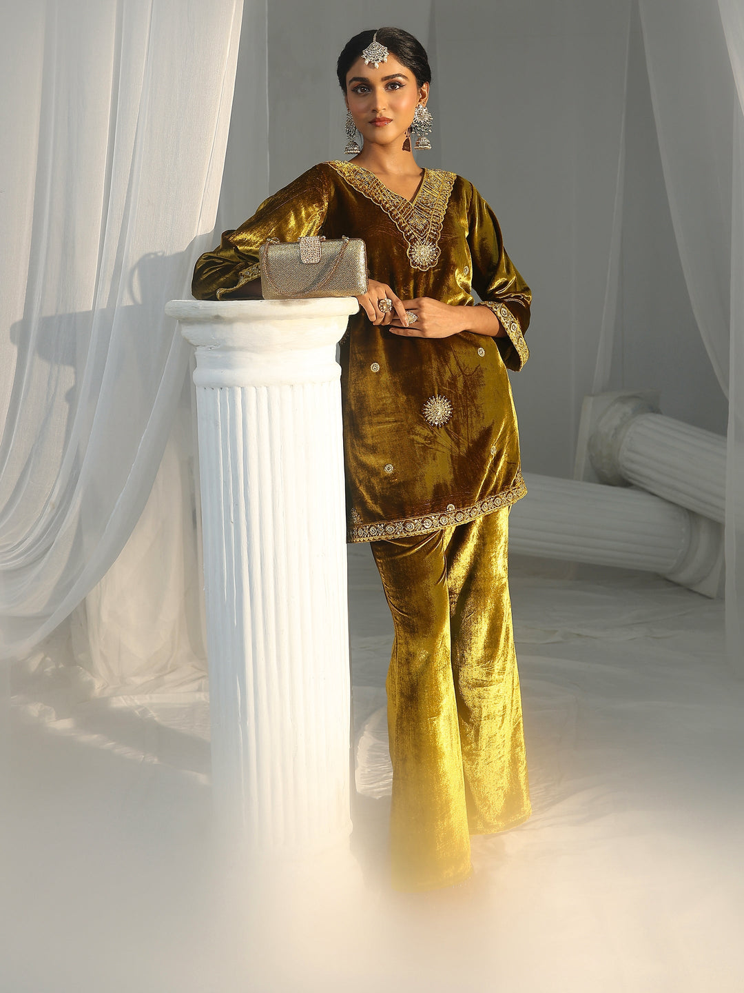  Libas Mustard Emellished Velvet Co-Ord Set 
