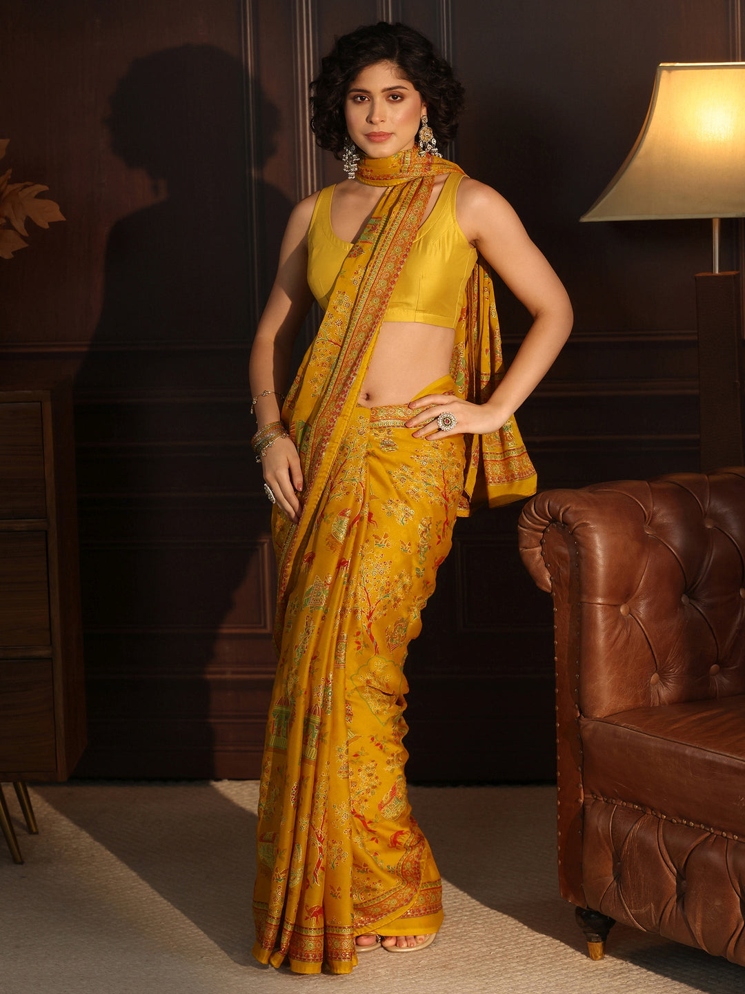 Libas Mustard Ethnic Printed Georgette Saree