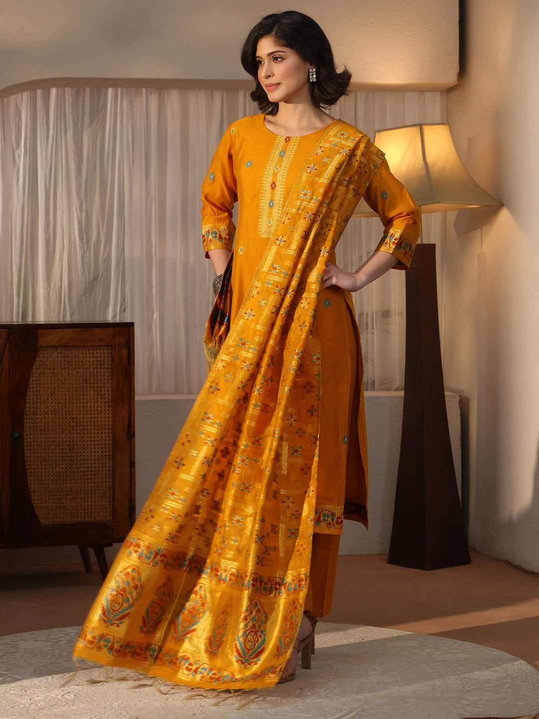  Libas Mustard Ethnic Woven Design Chanderi Silk Straight Suit Set 