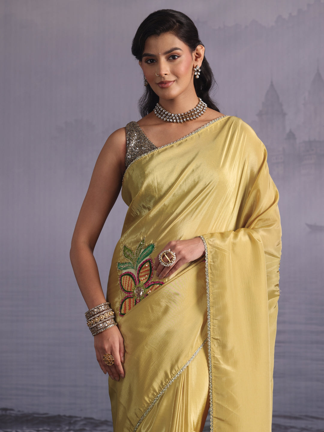  Libas Mustard Floral Applique Embellished Satin Saree 