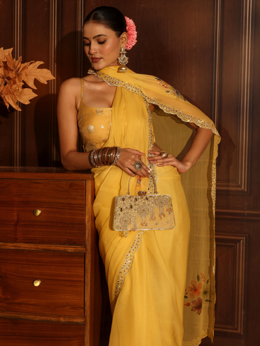 Libas Mustard Floral Embellished Chiffon Saree