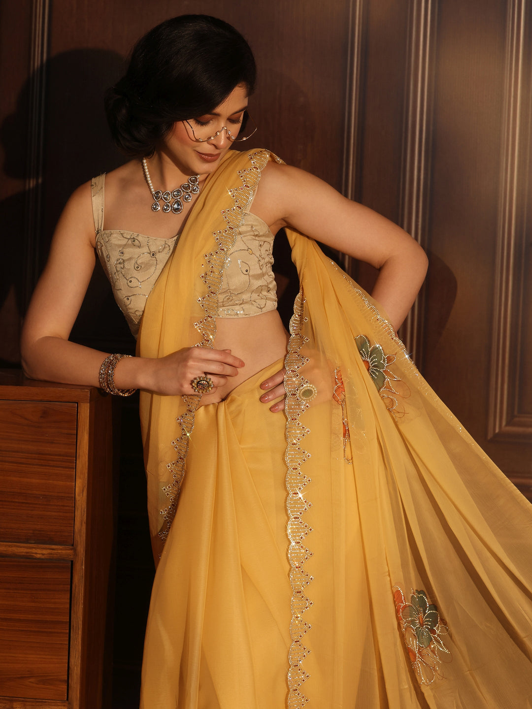 Libas Mustard Floral Embellished Chiffon Saree