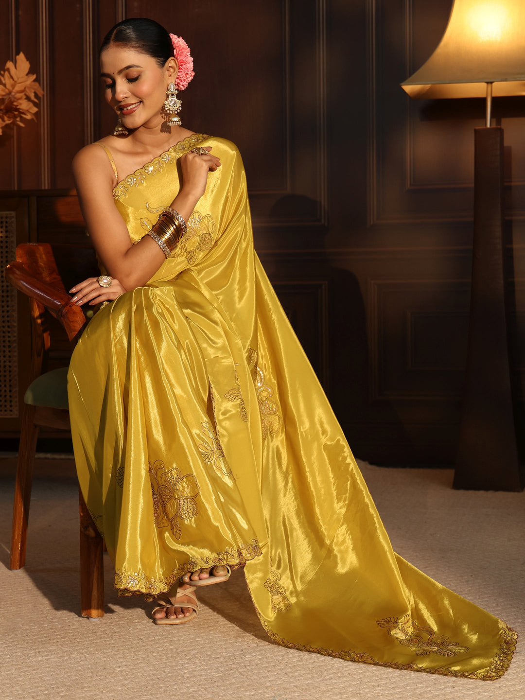 Libas Mustard Floral Embellished Satin Saree