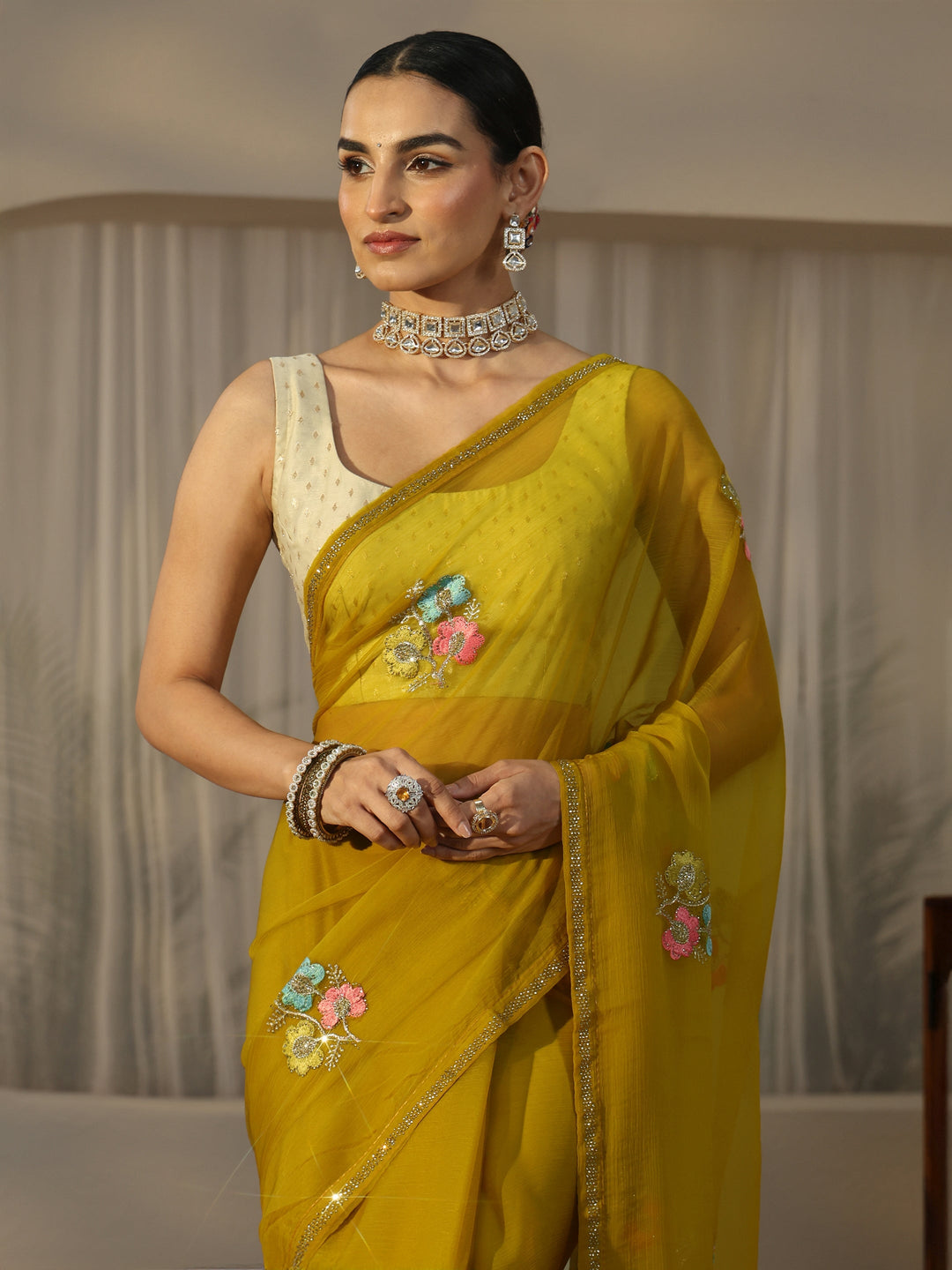  Libas Mustard Floral Embroidered Chiffon Saree 