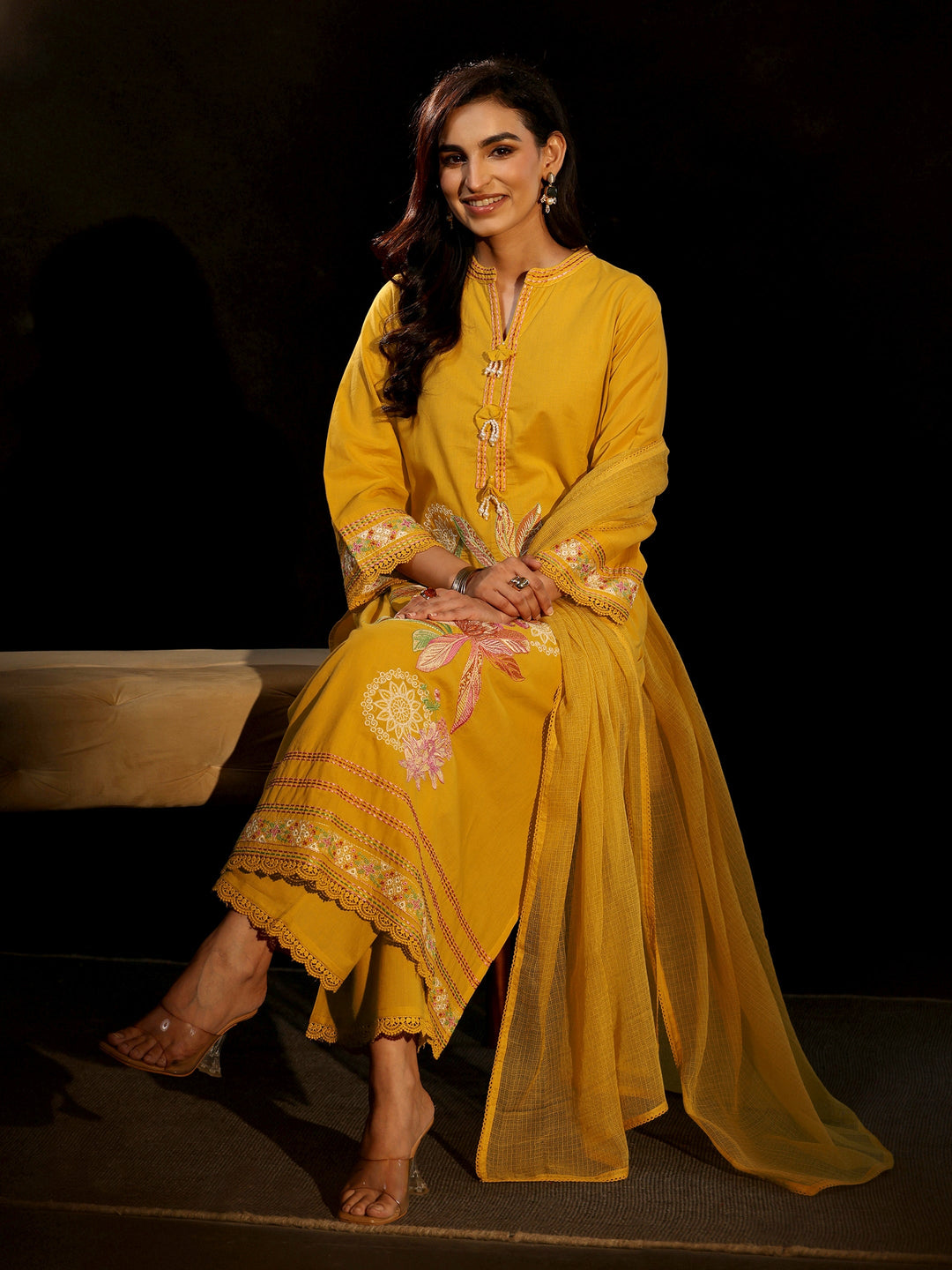  Libas Mustard Floral Embroidered Cotton Straight Suit Set 