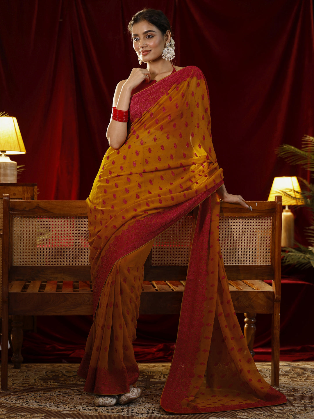  Libas Mustard Floral Embroidered Georgette Saree 