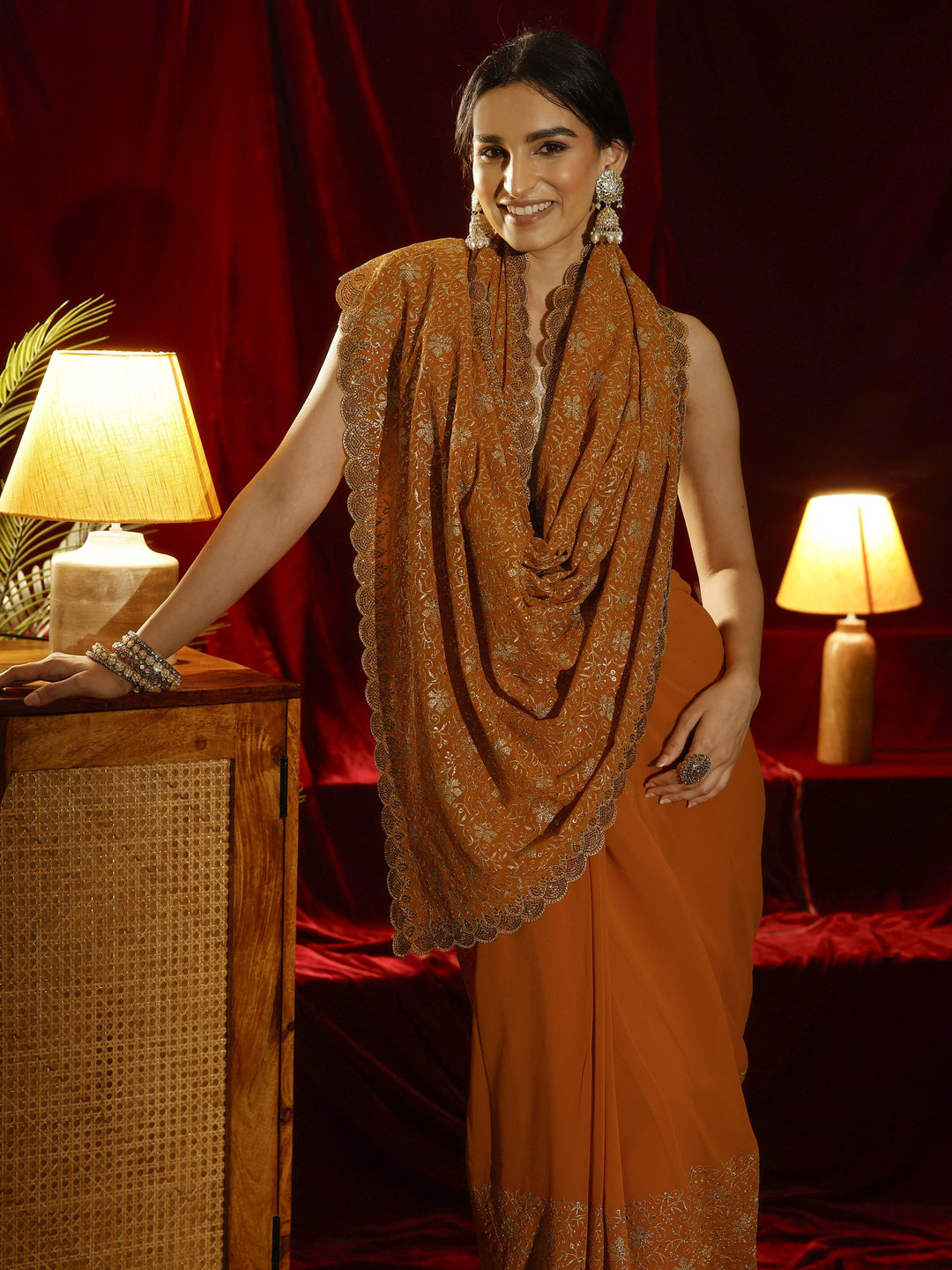  Libas Mustard Floral Embroidered Georgette Saree 