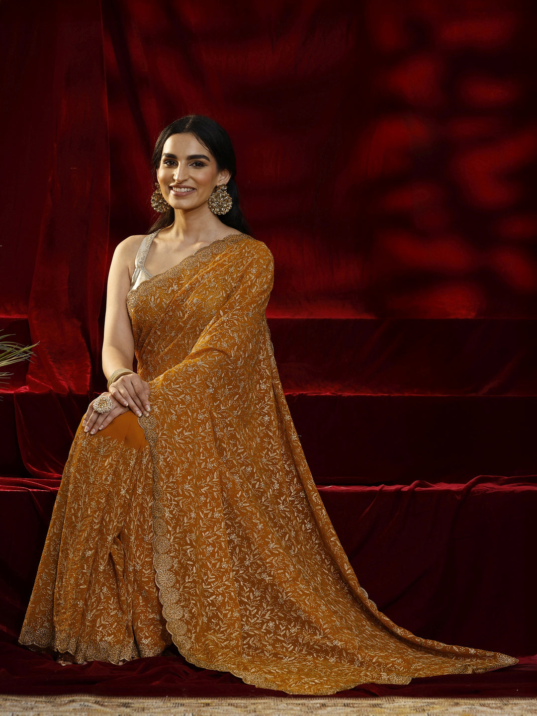  Libas Mustard Floral Embroidered Georgette Saree 