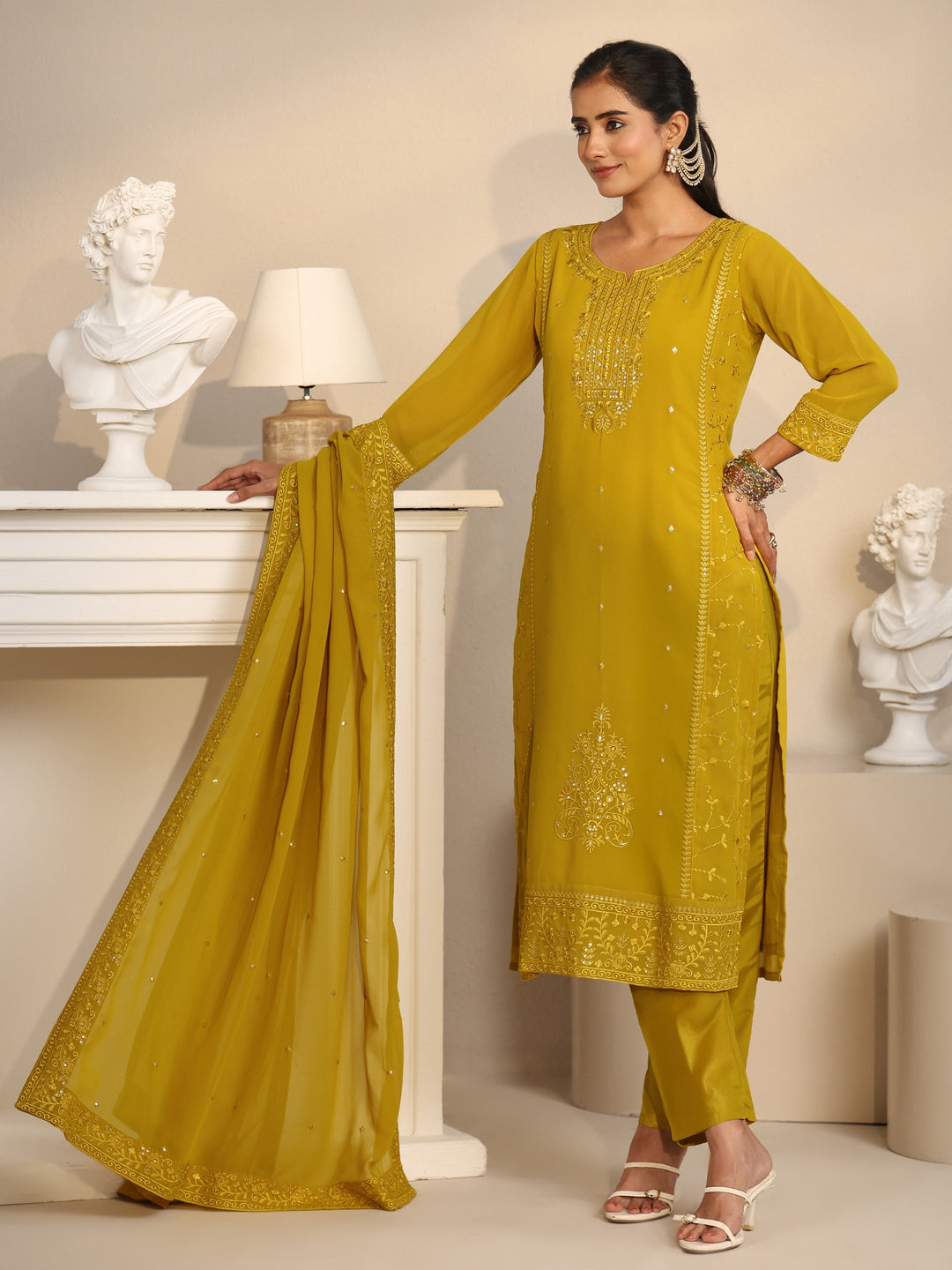  Libas Mustard Floral Embroidered Georgette Straight Suit Set 