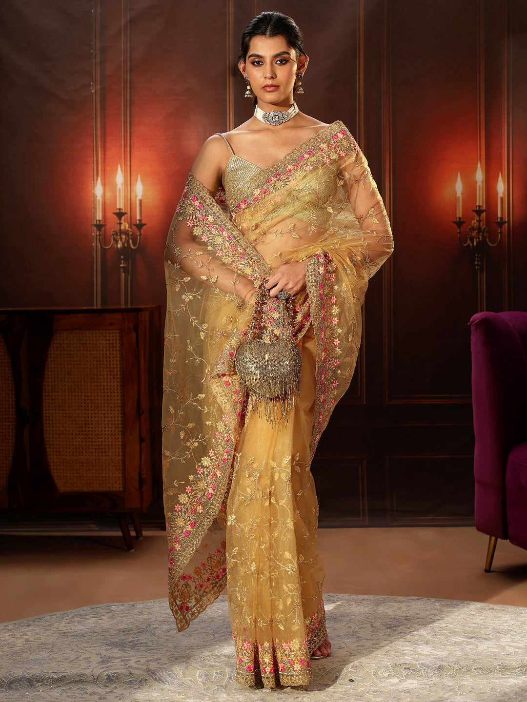  Libas Mustard Floral Embroidered Net Saree 