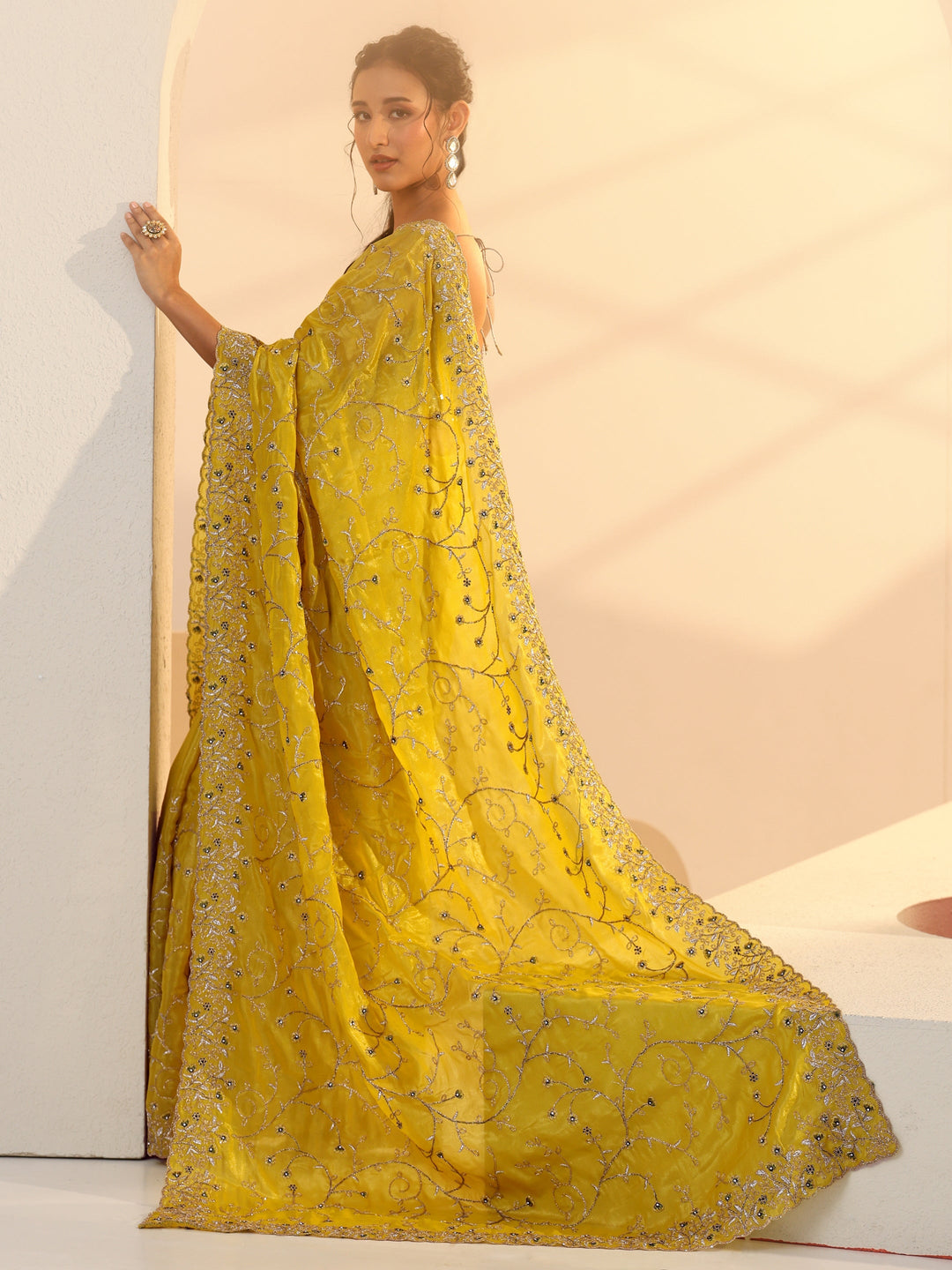  Libas Mustard Floral Embroidered Satin Saree 