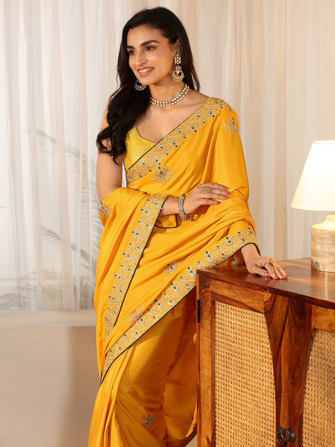  Libas Mustard Floral Embroidered Satin Saree 