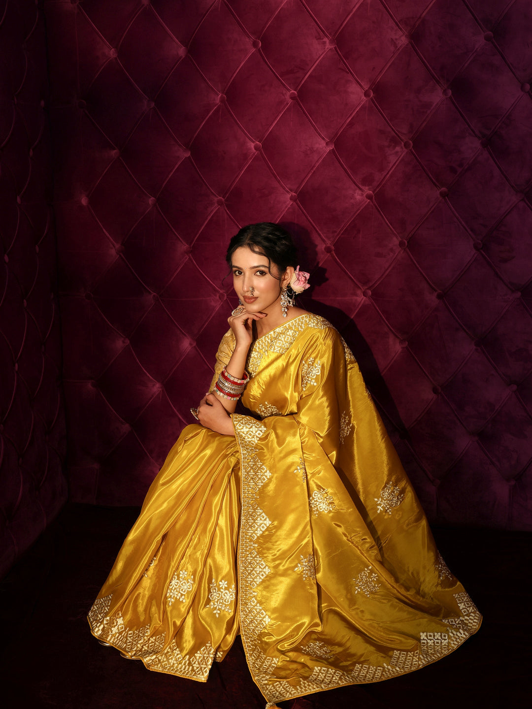  Libas Mustard Floral Embroidered Satin Saree 