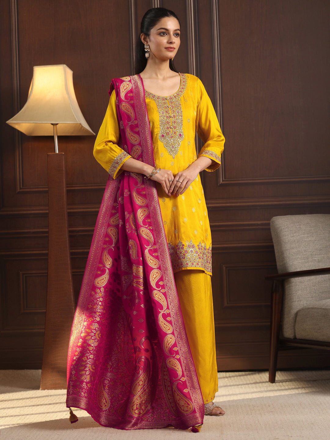  Libas Mustard Floral Embroidered Silk Blend Palazzo Suit Set 