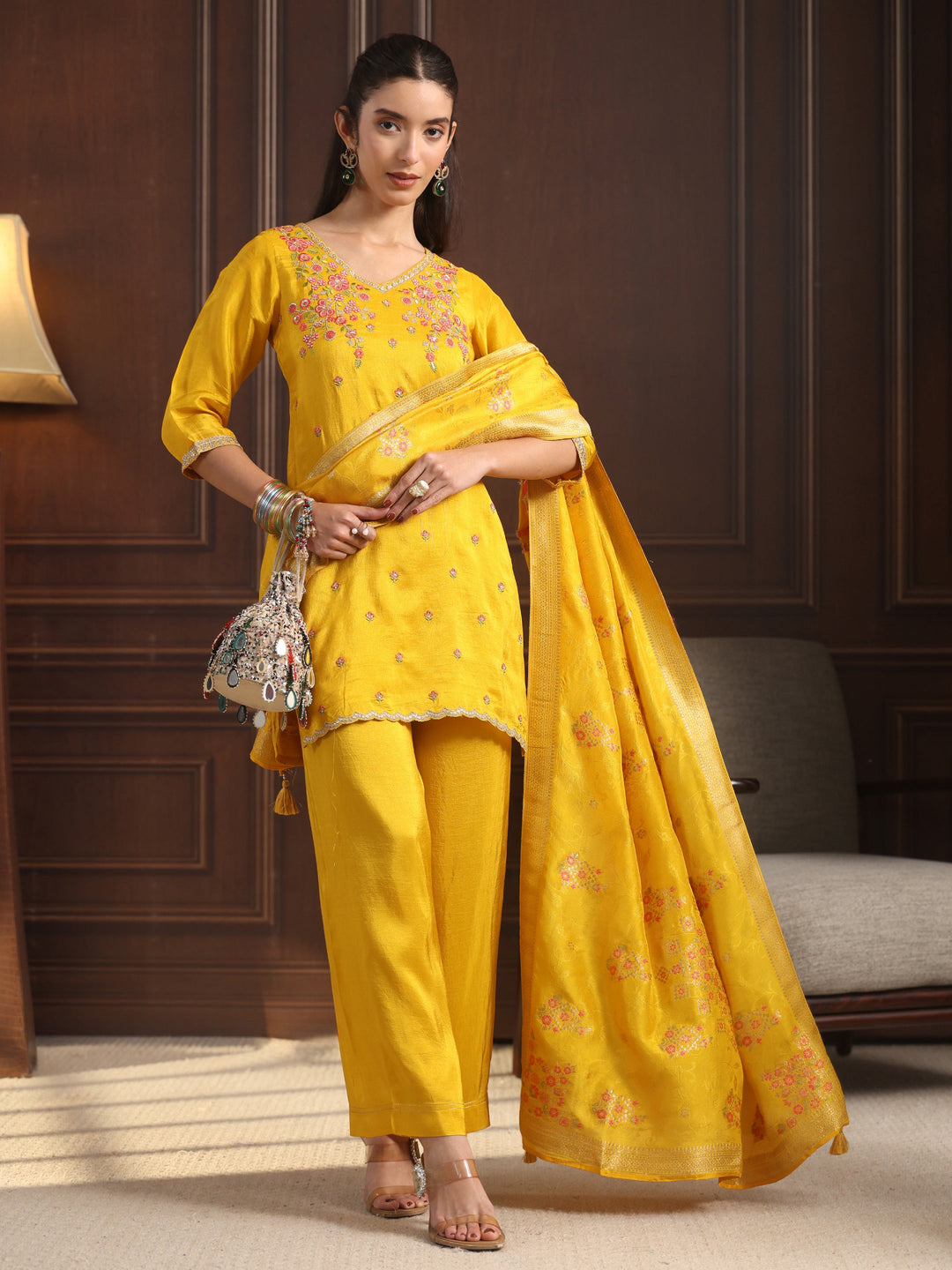 Libas Mustard Floral Embroidered Silk Blend Palazzo Suit Set
