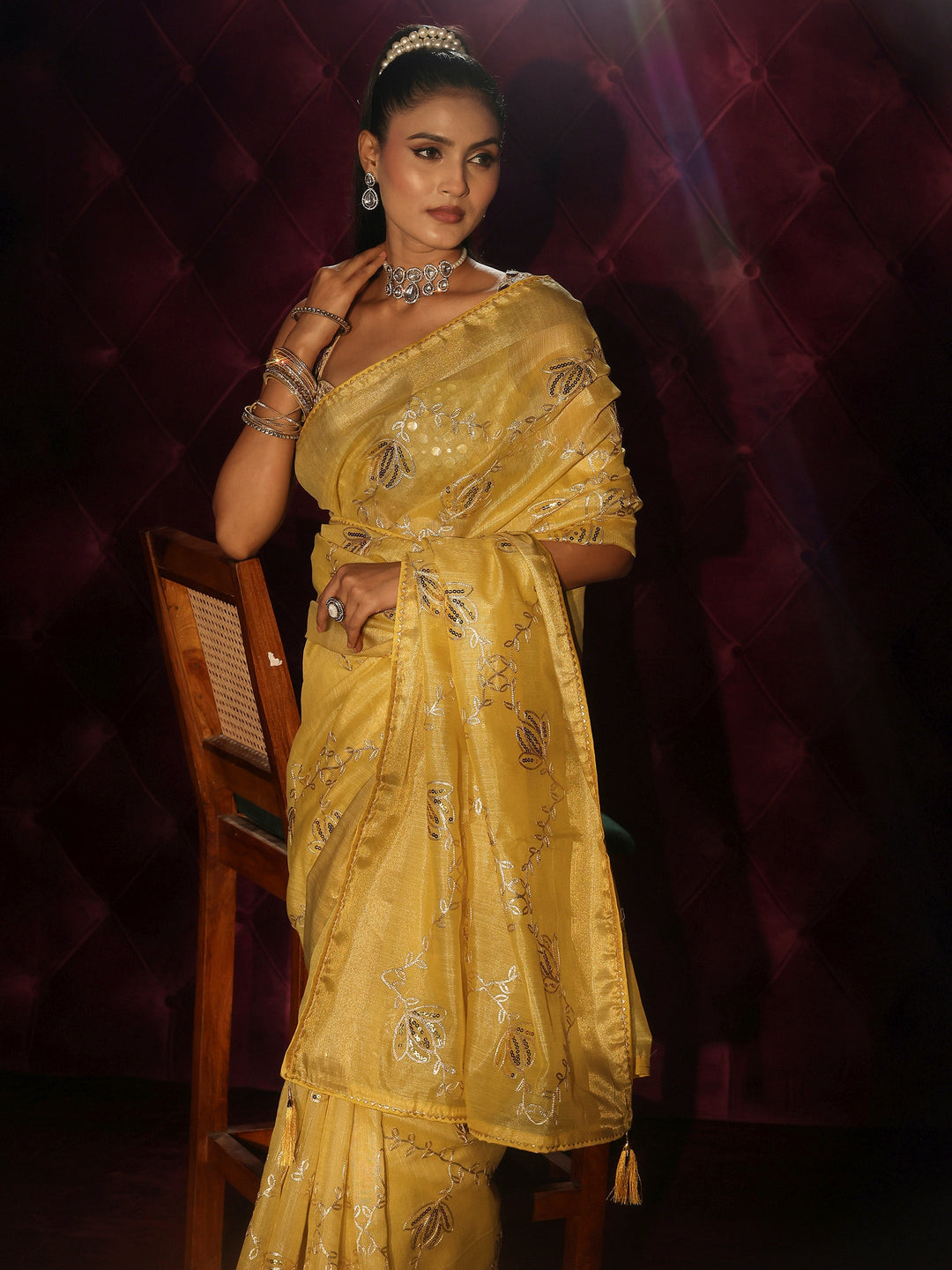  Libas Mustard Floral Embroidered Silk Blend Saree 