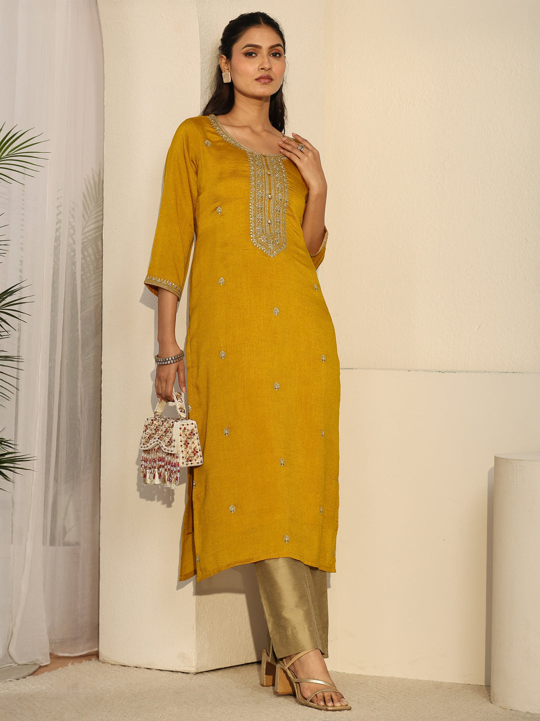 Libas Mustard Floral Embroidered Silk Blend Straight Kurta