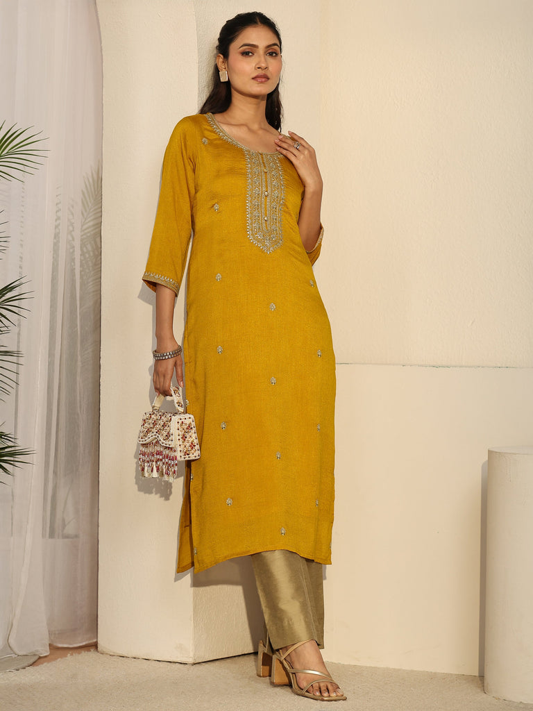 Libas Mustard Floral Embroidered Silk Blend Straight Kurta