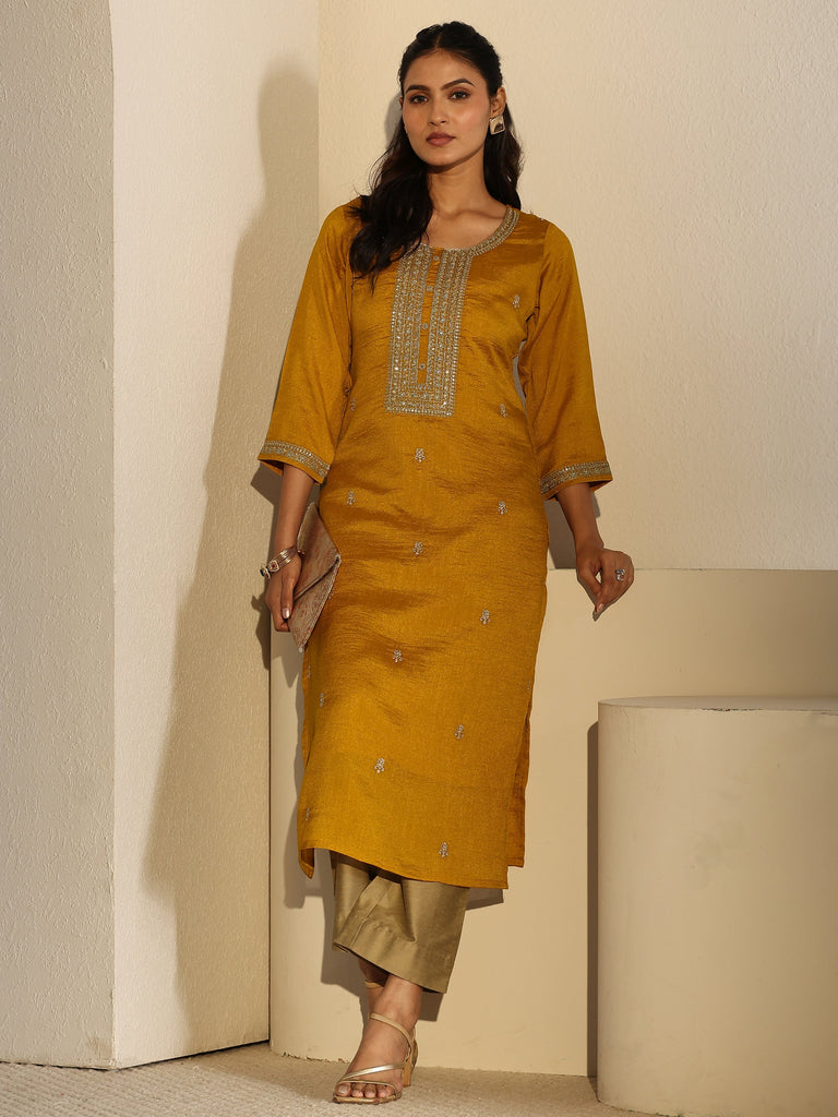 Libas Mustard Floral Embroidered Silk Blend Straight Kurta