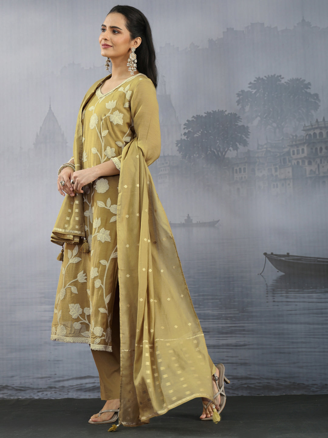 Libas Mustard Floral Embroidered Silk Blend Straight Suit Set
