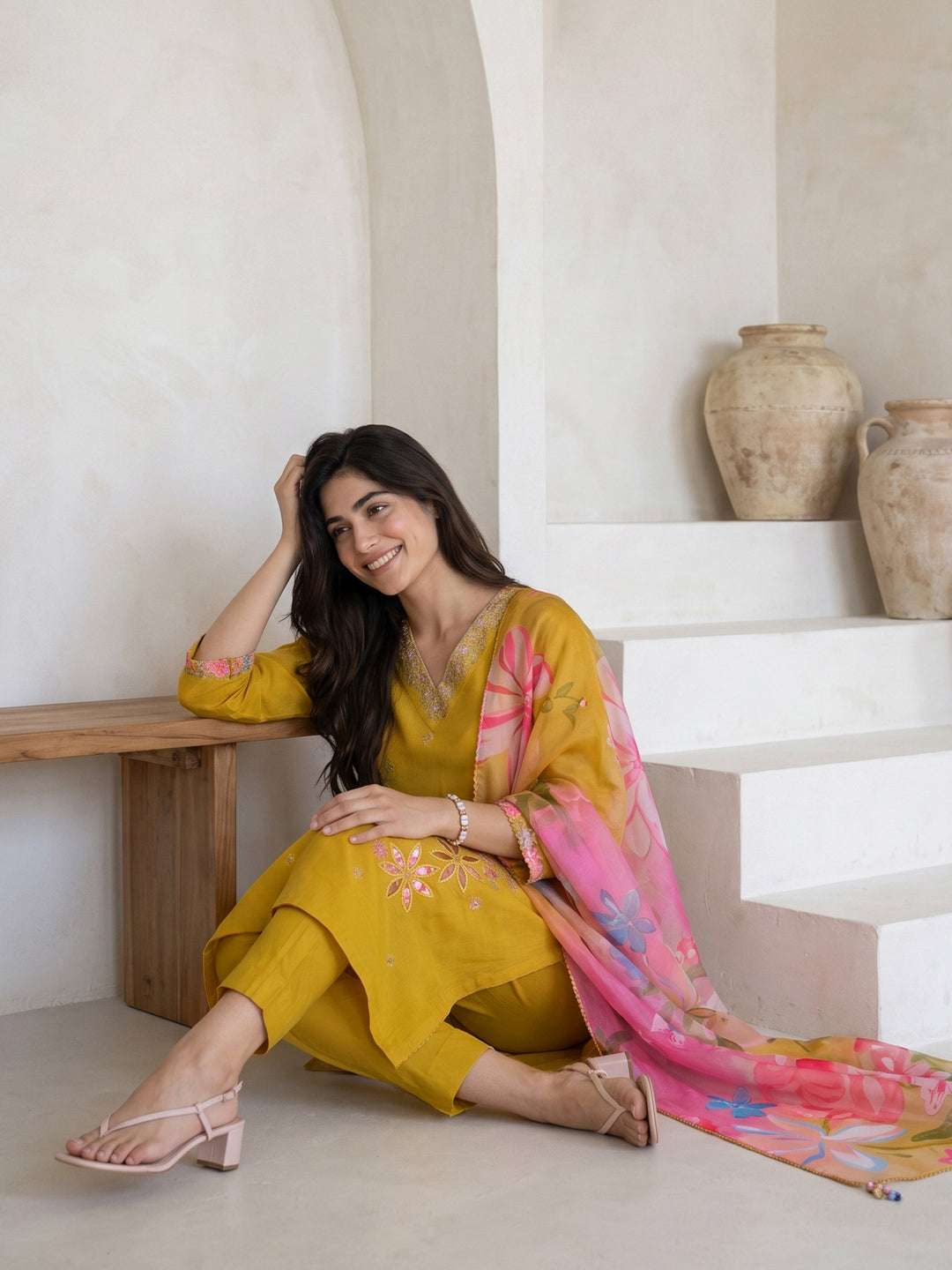 Libas Mustard Floral Embroidered Silk Blend Straight Suit Set