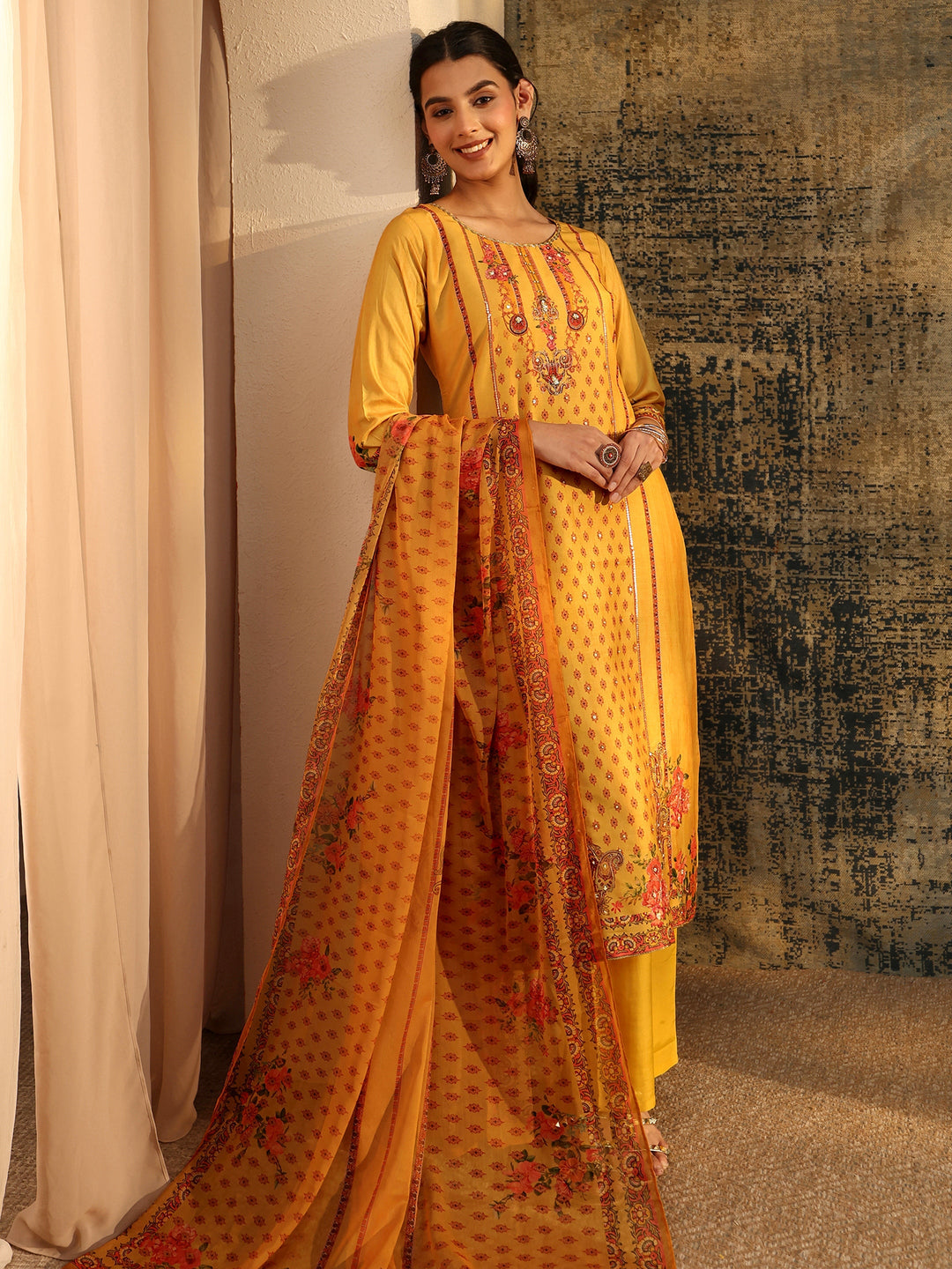  Libas Mustard Floral Embroidered Silk Blend Straight Suit Set 