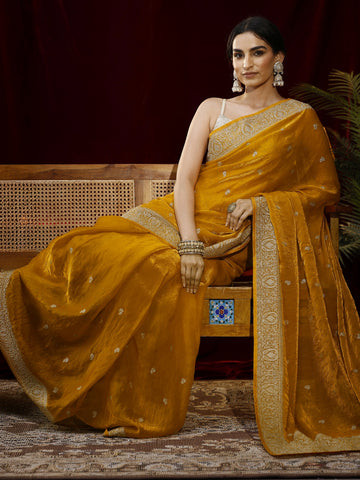 Libas Mustard Floral Embroidered Tissue Saree