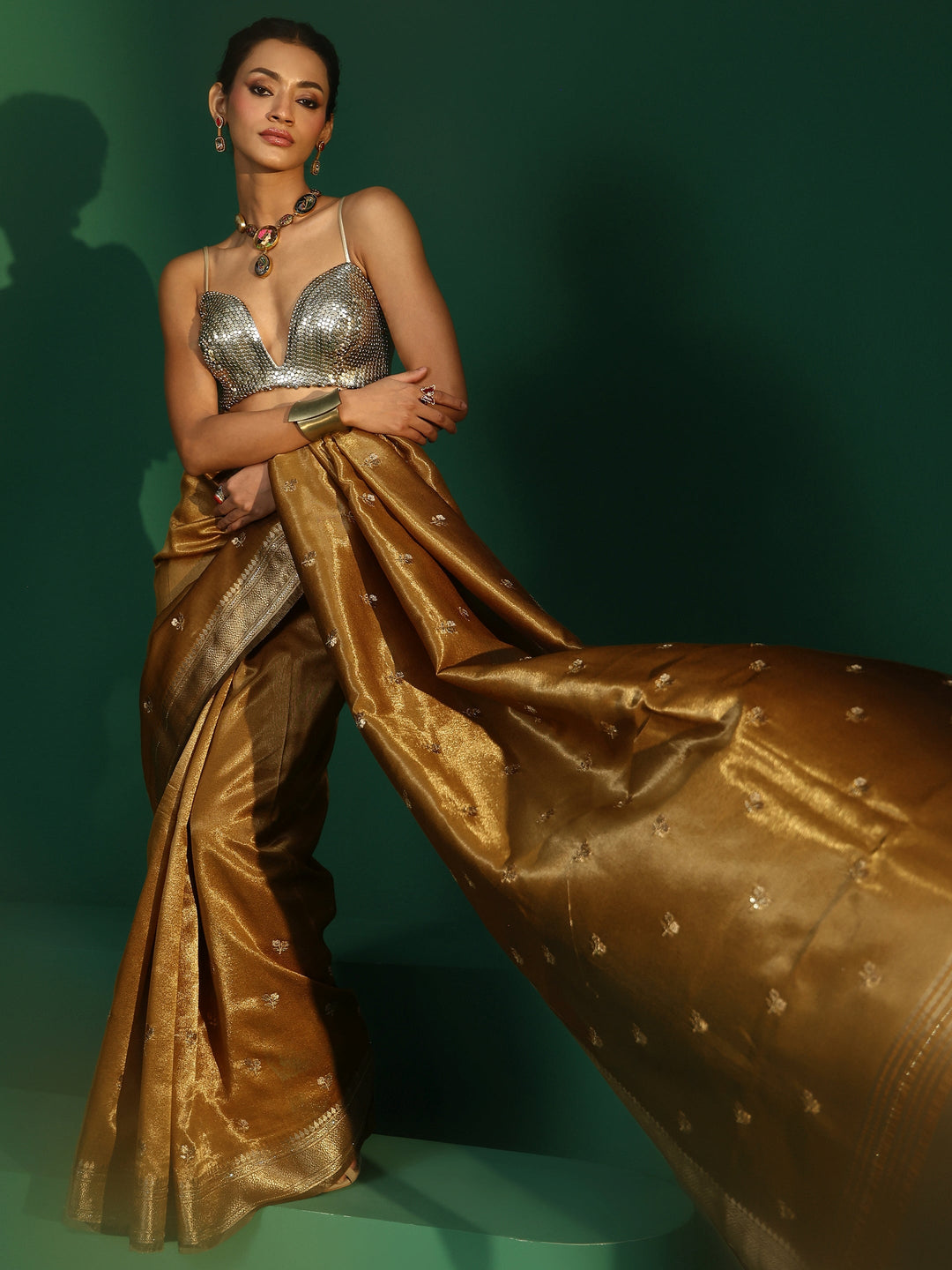  Libas Mustard Floral Embroidered Tissue Saree 