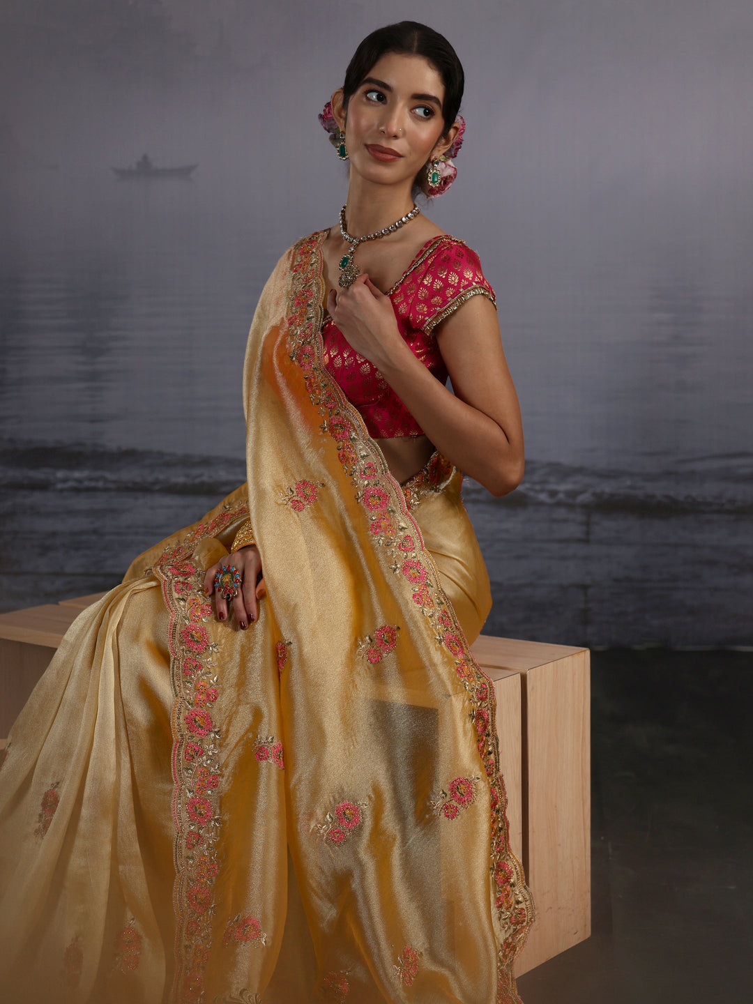  Libas Mustard Floral Embroidered Tissue Saree 