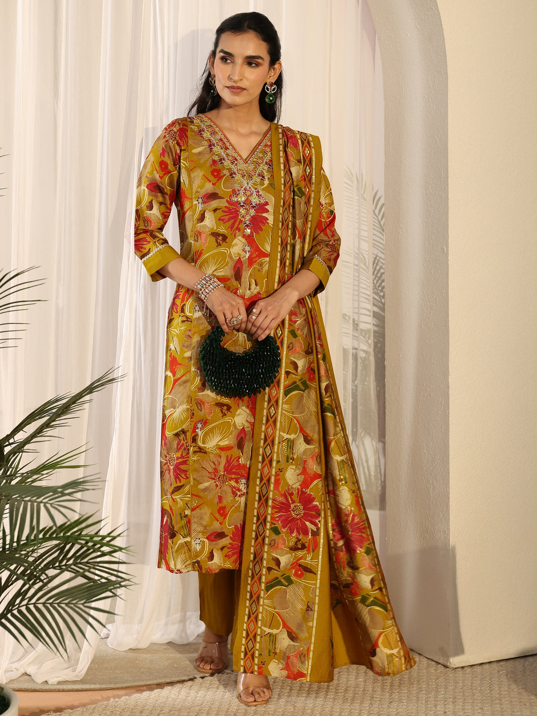  Libas Mustard Floral Printed Cotton Blend Straight Suit Set 