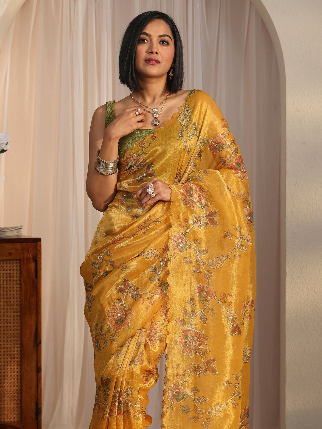  Libas Mustard Floral Printed Mirror Work Silk Blend Saree with Scalloped Border 