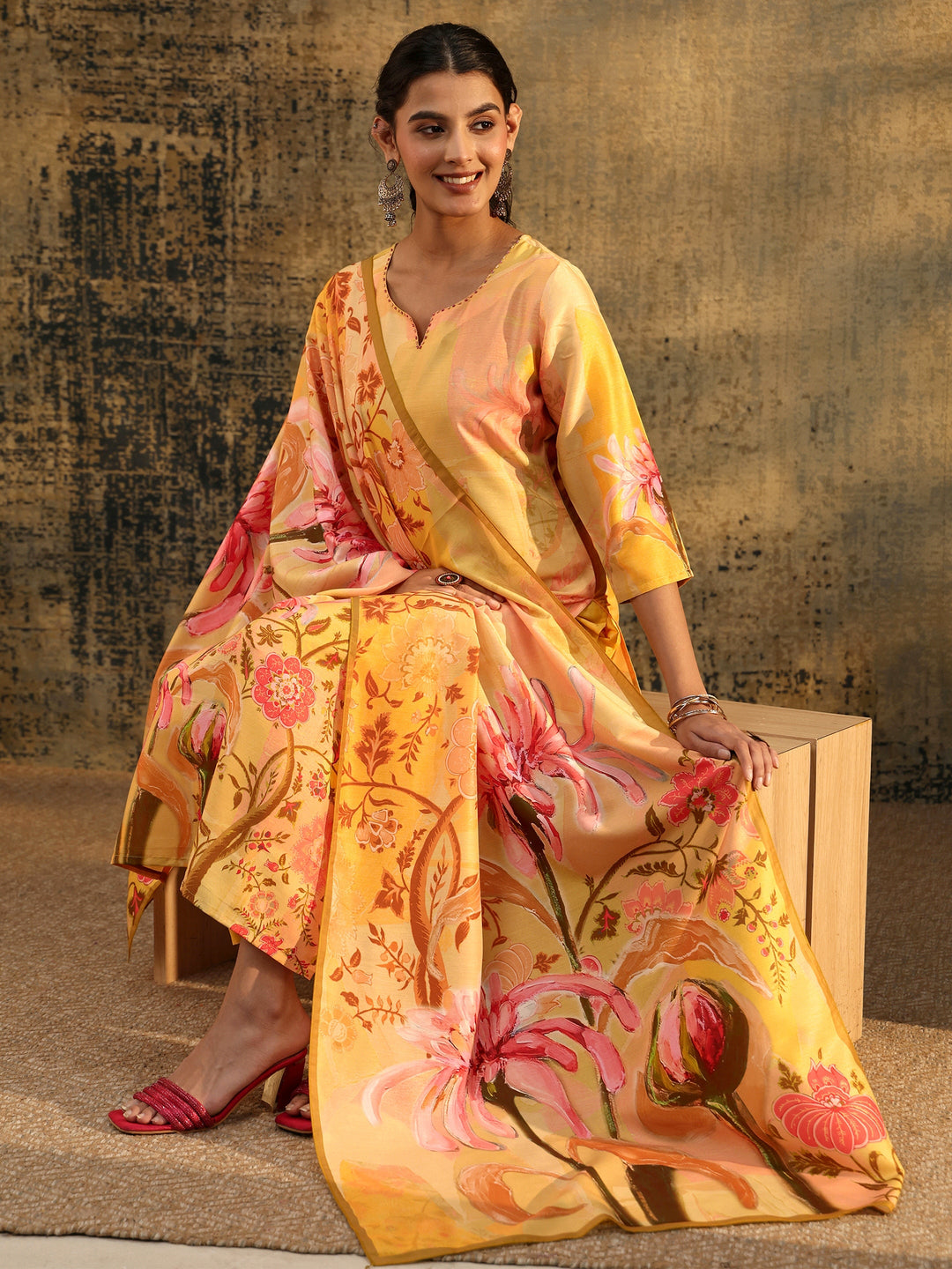  Libas Mustard Floral Printed Muslin Straight Suit Set 