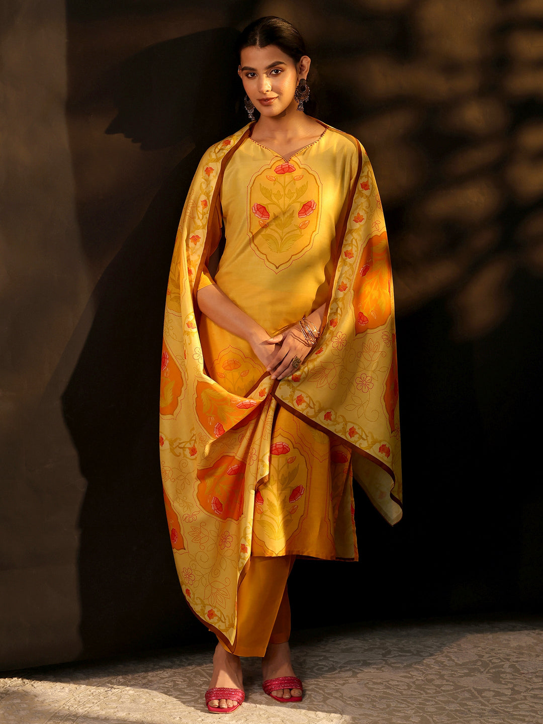  Libas Mustard Floral Printed Muslin Straight Suit Set 
