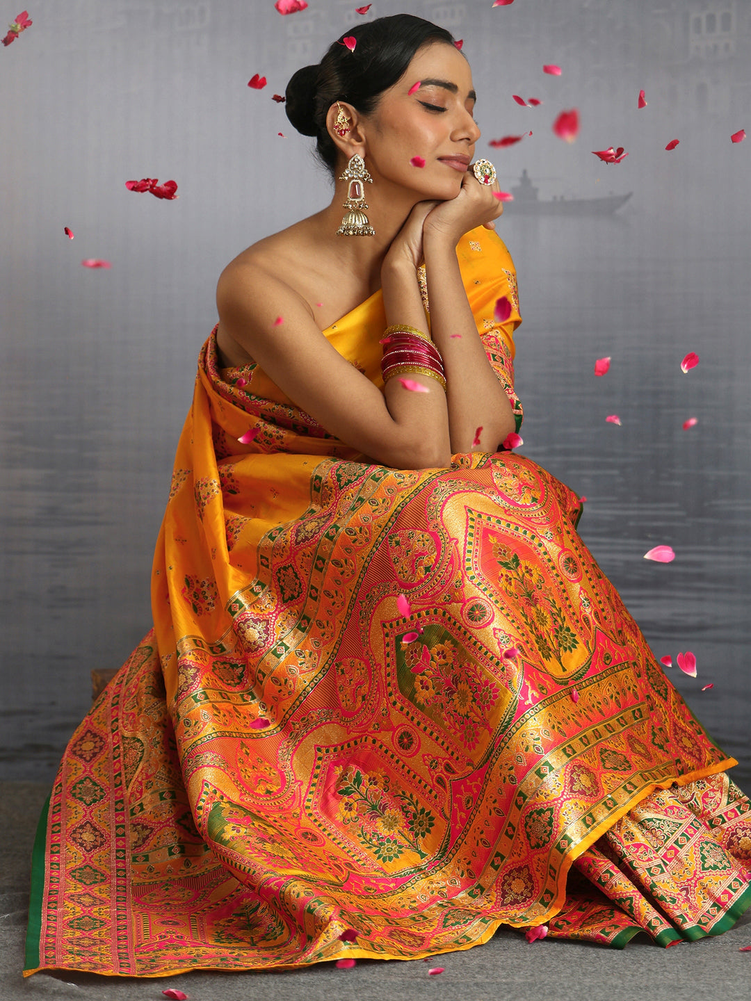 Libas Mustard Floral Woven Design Satin Saree