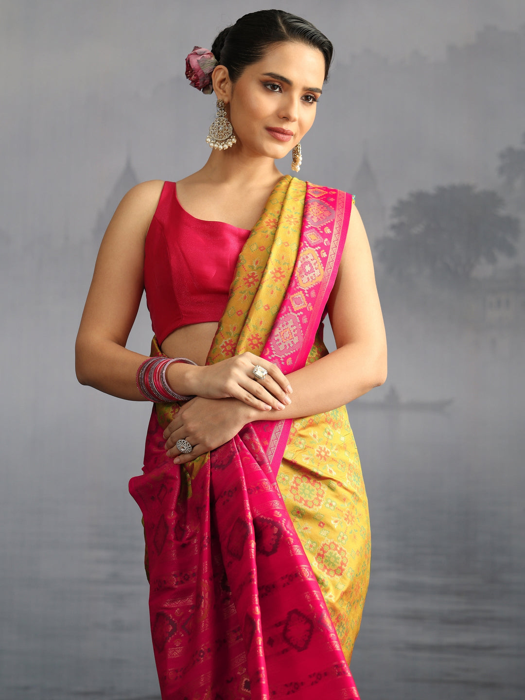  Libas Mustard Floral Woven Design Silk Blend Saree 