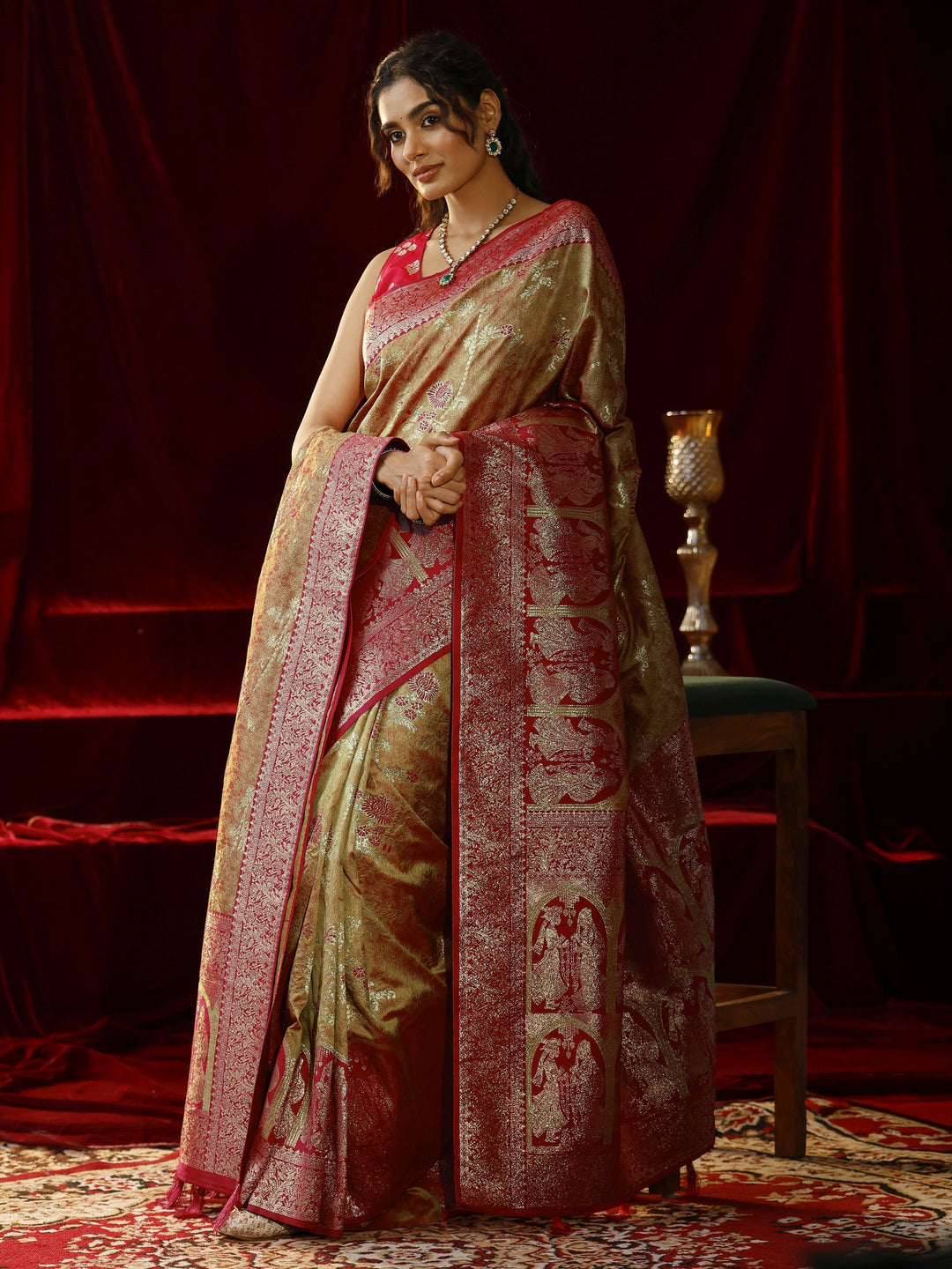  Libas Mustard Floral Woven Design Silk blend Saree with dupatta 