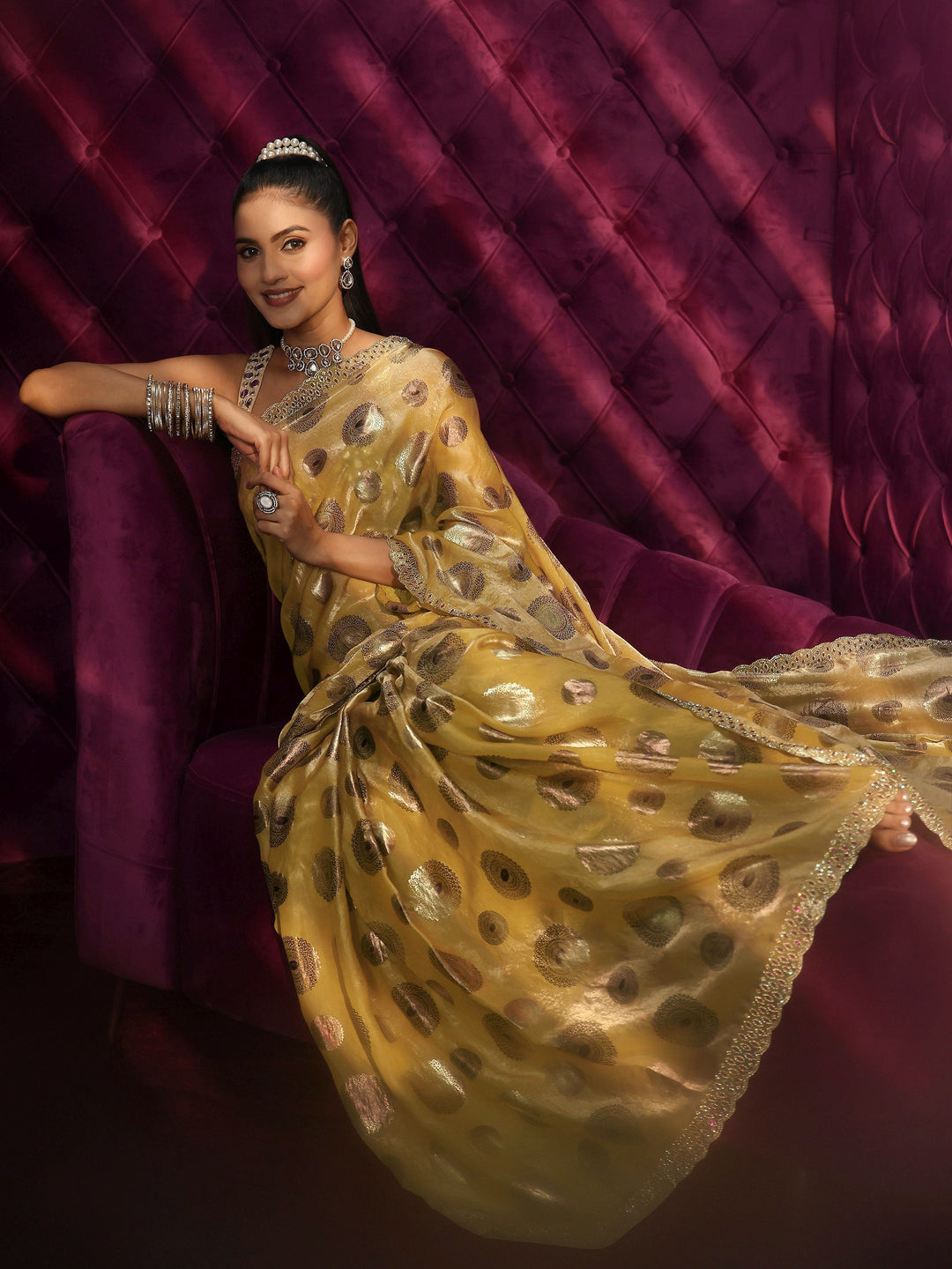  Libas Mustard Foil Printed Tissue Saree with Embellished Border 