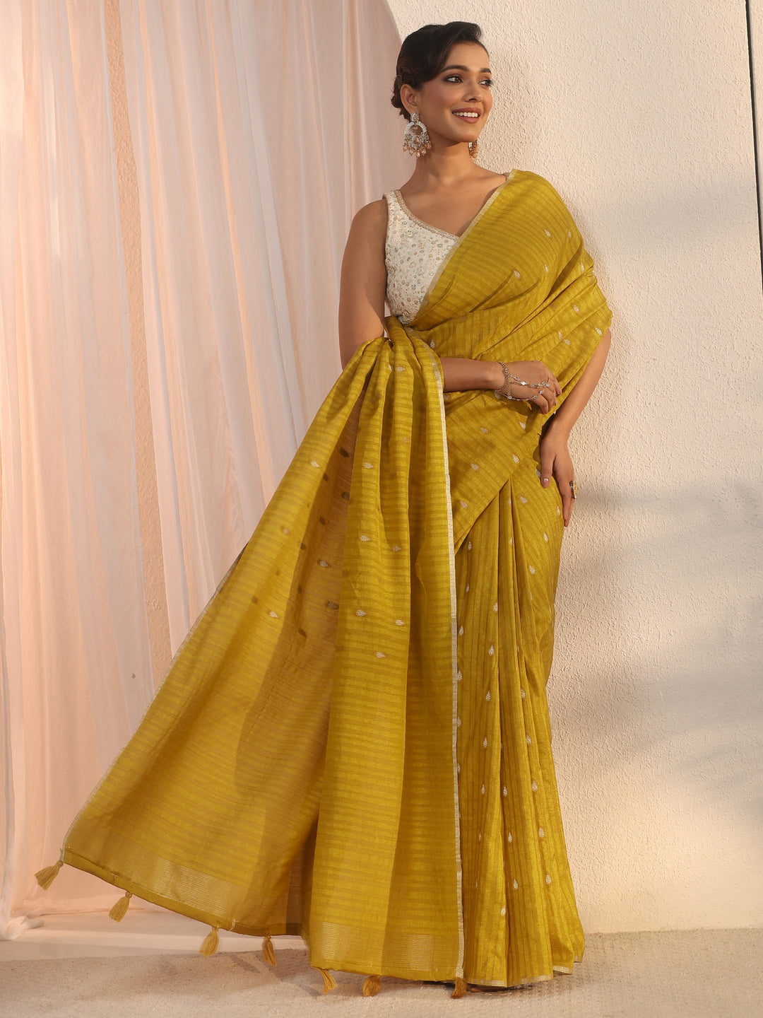  Libas Mustard Leaf Woven Design Textured Silk Blend Tassel Saree 