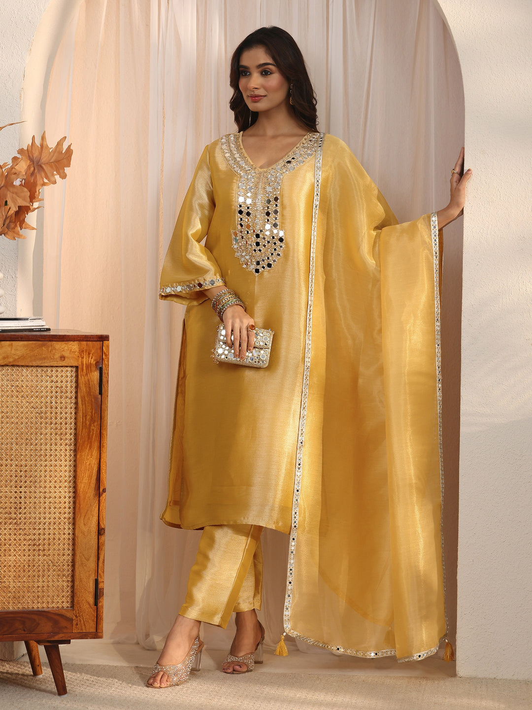  Libas Mustard Mirror Work Embellished Tissue Straight Suit Set 