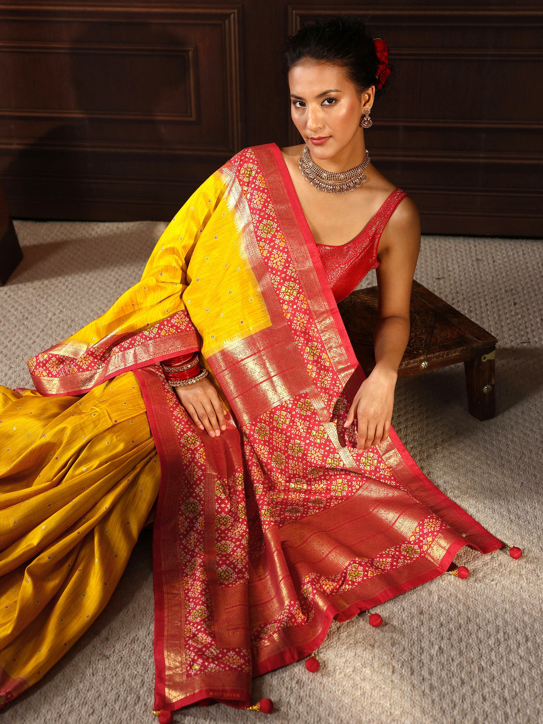  Libas Mustard Mirror Work Patola Pallu Silk Blend Saree 