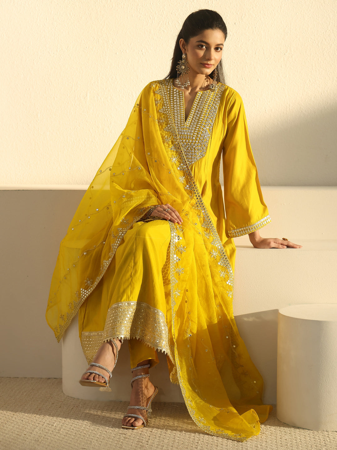  Libas Mustard Mirror Work Yoke Silk Blend Anarkali Suit Set 
