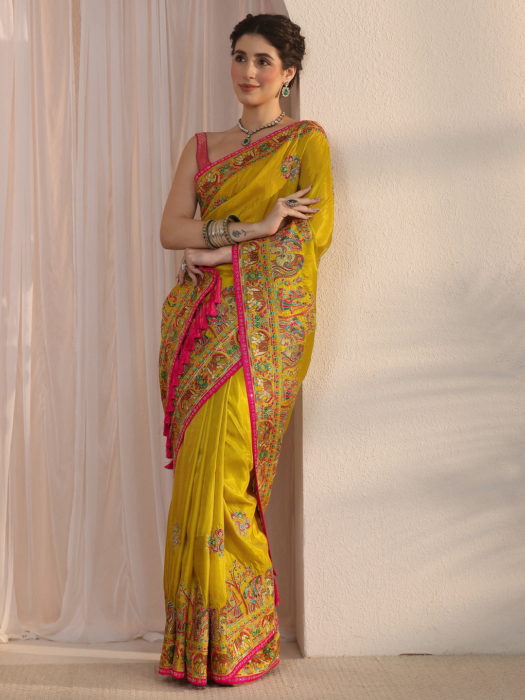  Libas Mustard Mughal Embroidered Satin Tassel Saree 