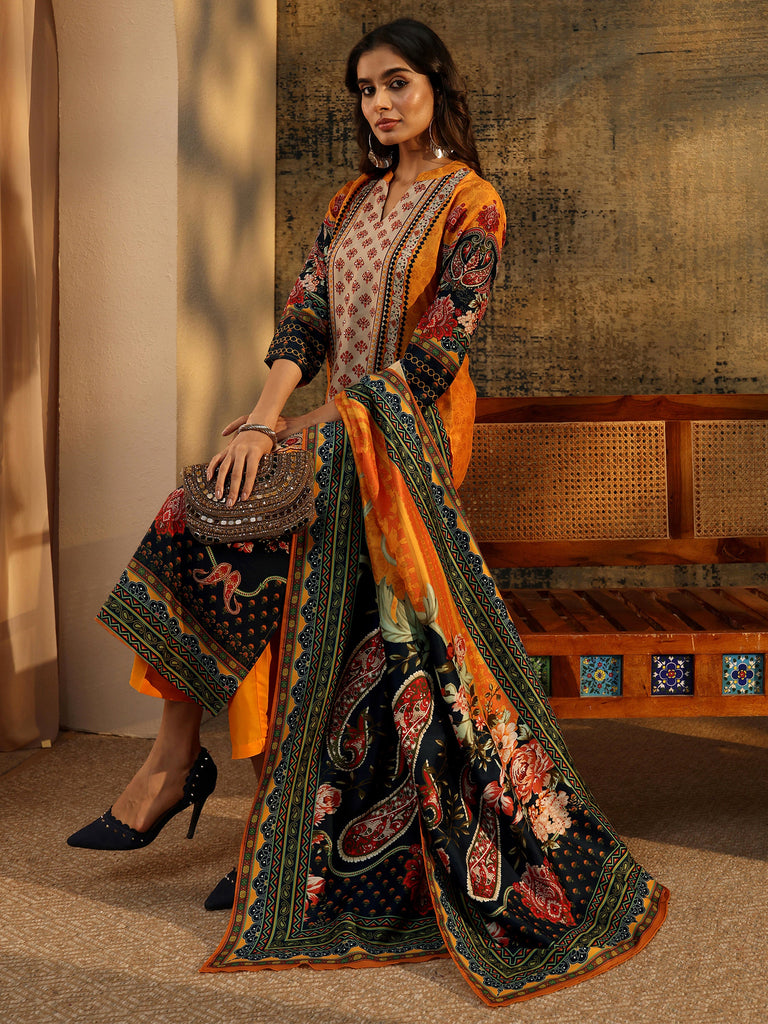 Libas Mustard Multi Print Straight Muslin Suit Set