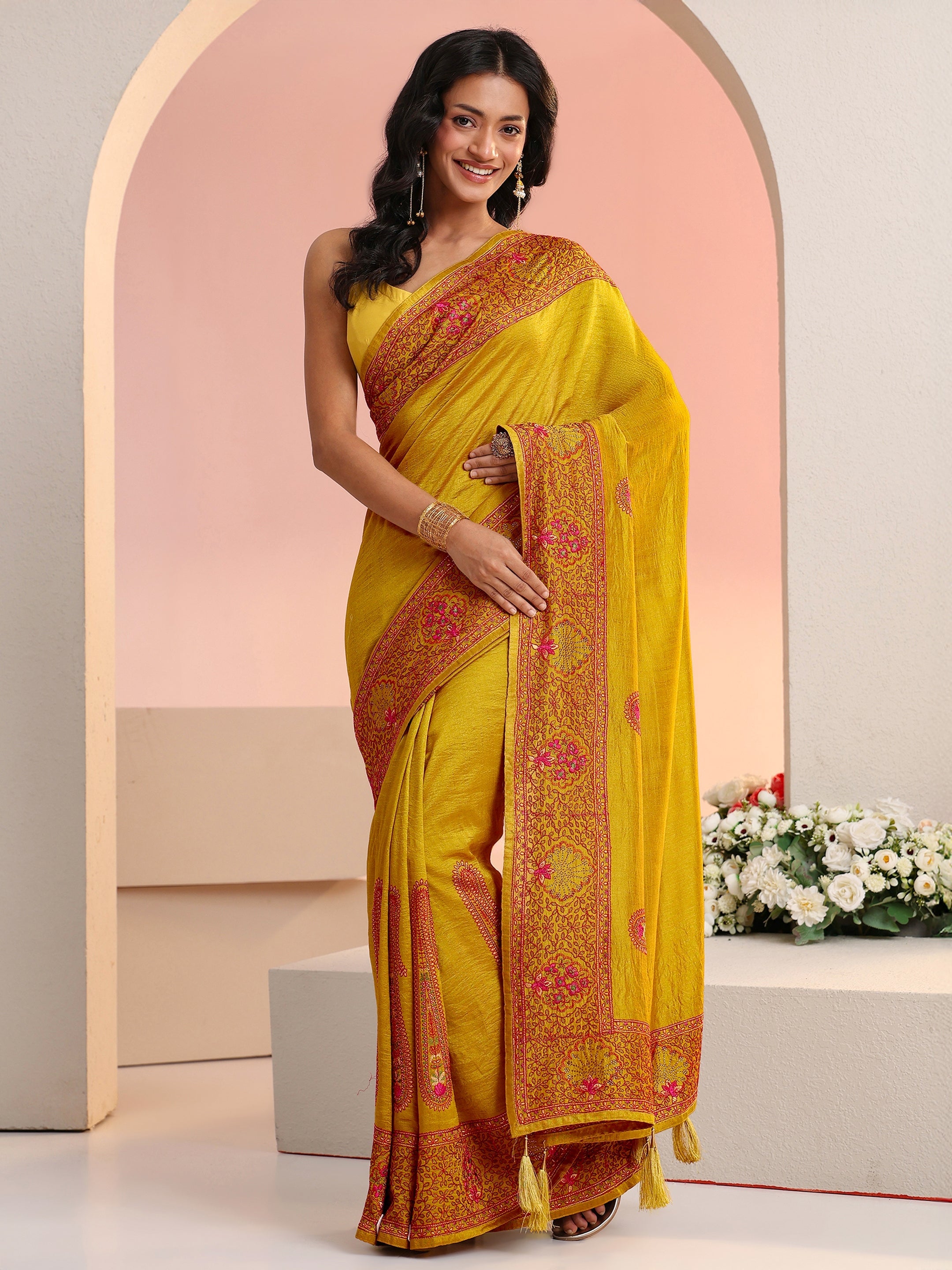 Libas Mustard Paisley Embroidered Silk Blend Saree-picture-42