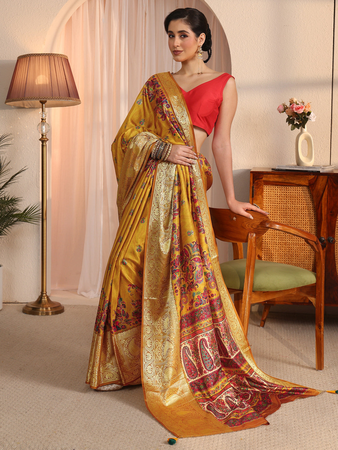  Libas Mustard Paisley Printed Silk Blend Saree with Woven Border 