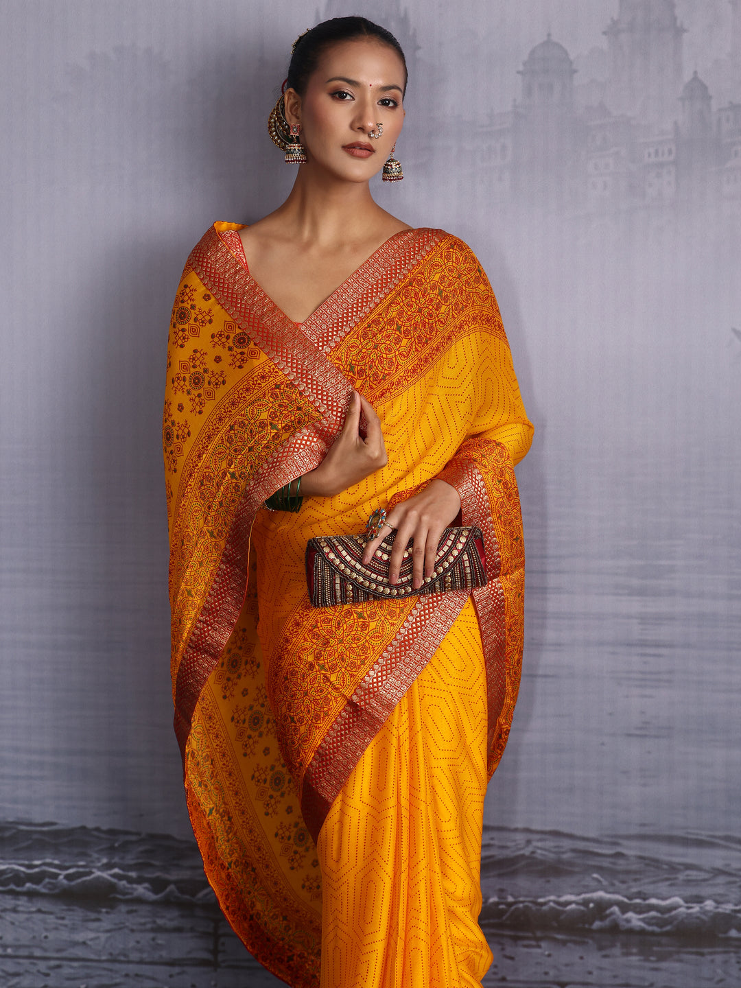  Libas Mustard Printed Georgette Saree with Floral Border 