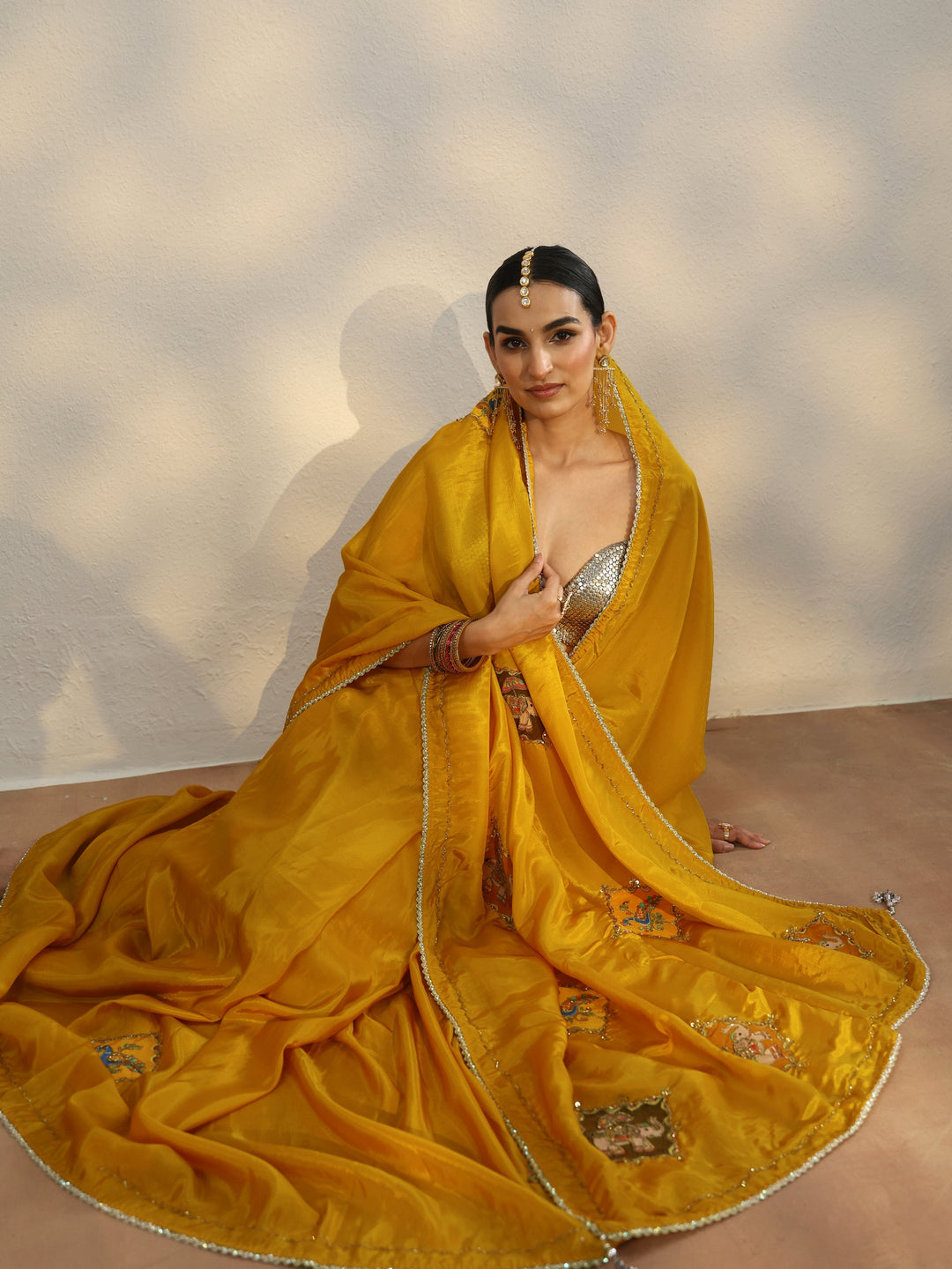  Libas Mustard Satin Saree with Applique Design 