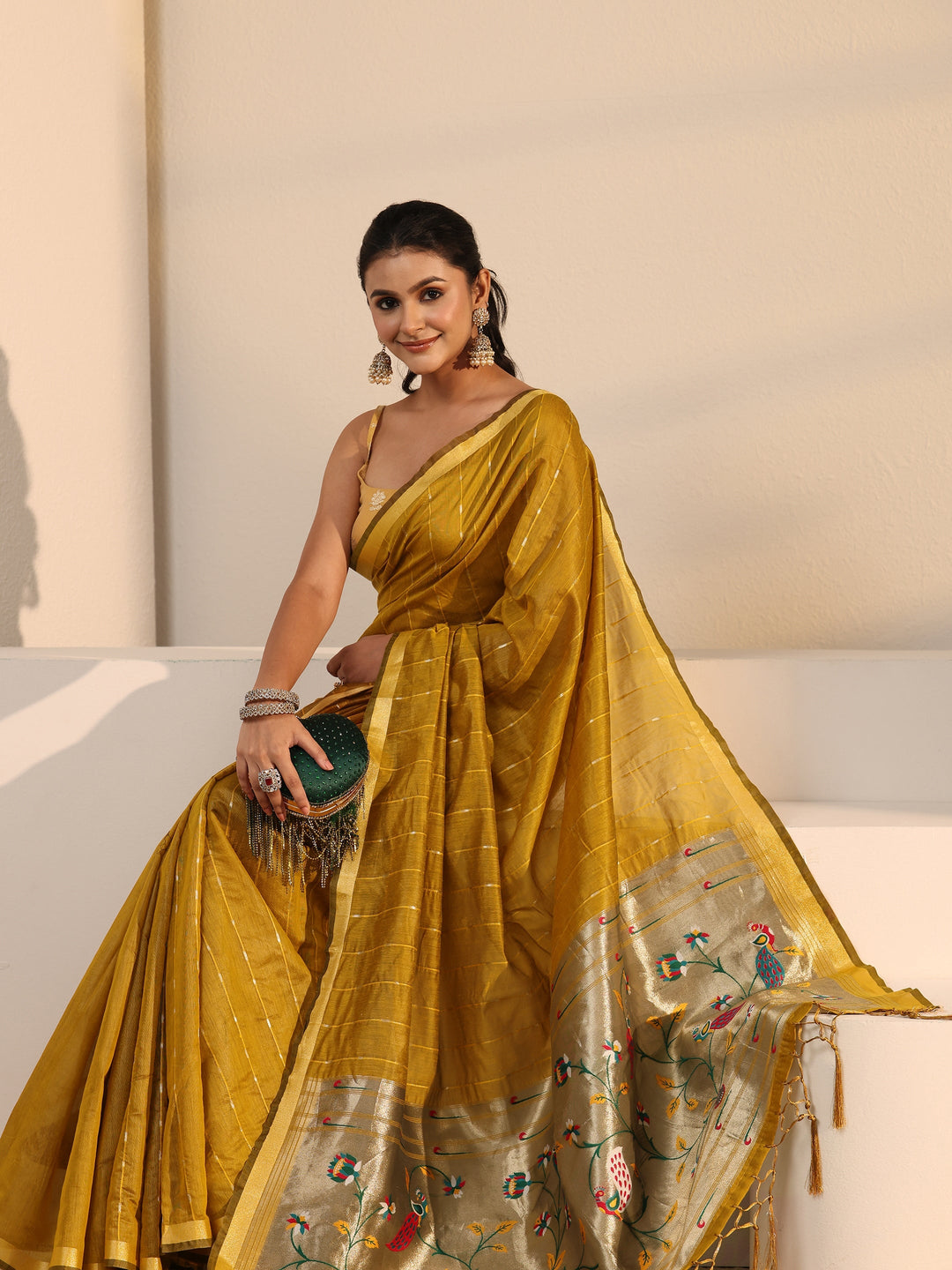  Libas Mustard Silk Blend Paithani Tassel Saree 