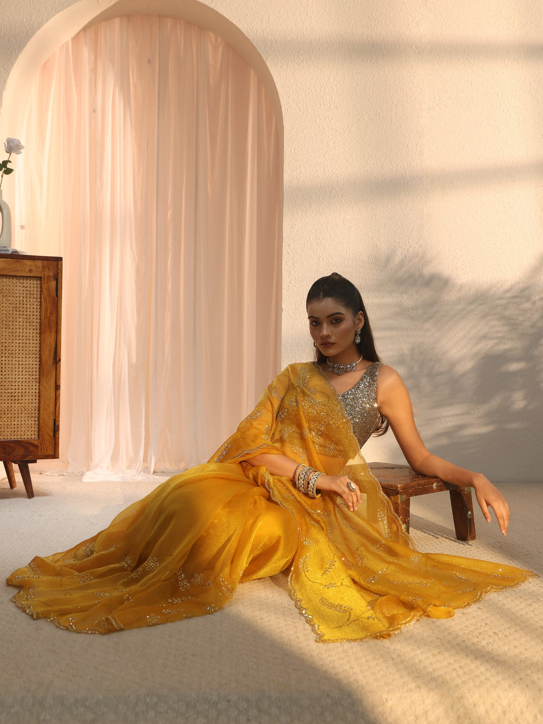  Libas Mustard Stone Work Embellished Tissue Saree with Scalloped Border 