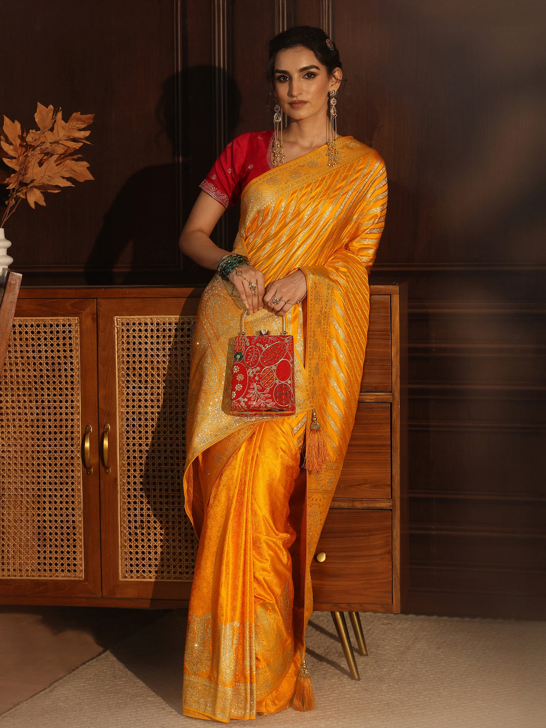 Libas Mustard Striped Silk Blend Saree with Embellished Pallu